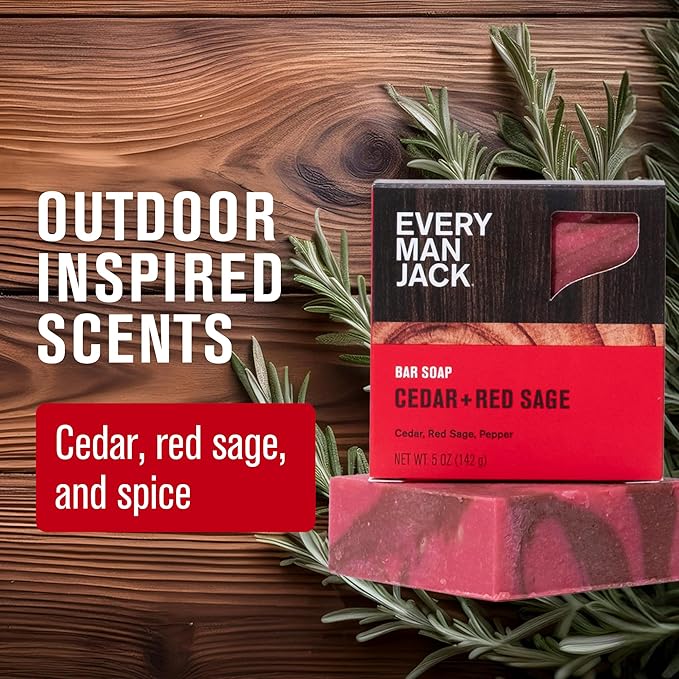 Every Man Jack Cold Processed Mens Bar Soap - Cedar + Red Sage Scent - Deeply Cleans & Hydrates with Shea Butter and Coconut Oil - (3 Pack)