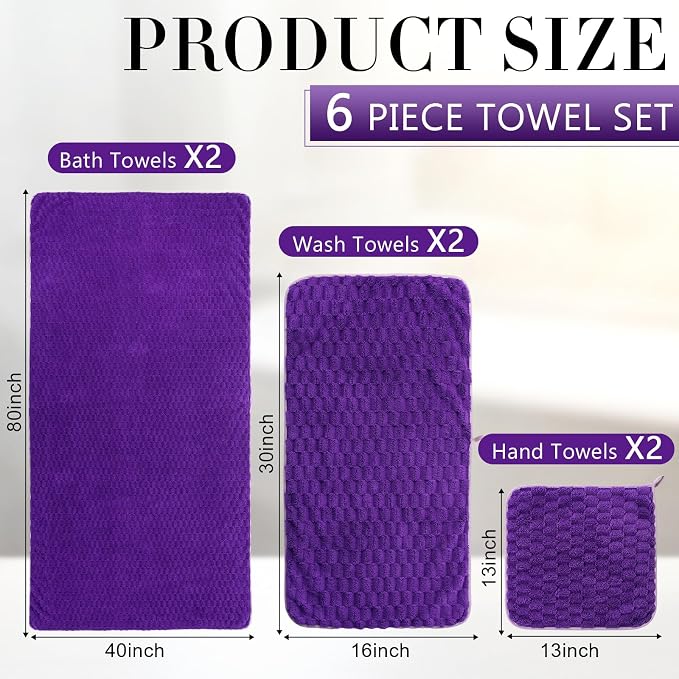 SmoothNovelty Set of 6 Extra Large Bath Towel 40x80 Inches Oversized Bath Sheet 2 Shower Towels 2 Hand Towels 2 Washcloths for Adult Absorbent Quick Dry Bathroom Spa Gym(Cloud Texture,Purple)