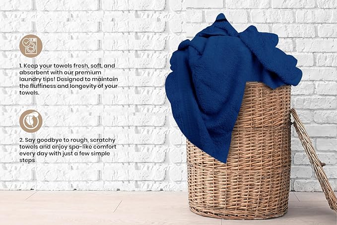 Bath Towels Bulk Set of 12 – 24" x 50" – 100% Cotton Terry, Soft, Quick-Dry & Highly Absorbent – Navy Blue Towels for Bathroom, Spa, Gym, Hotel, Pool & Everyday Use