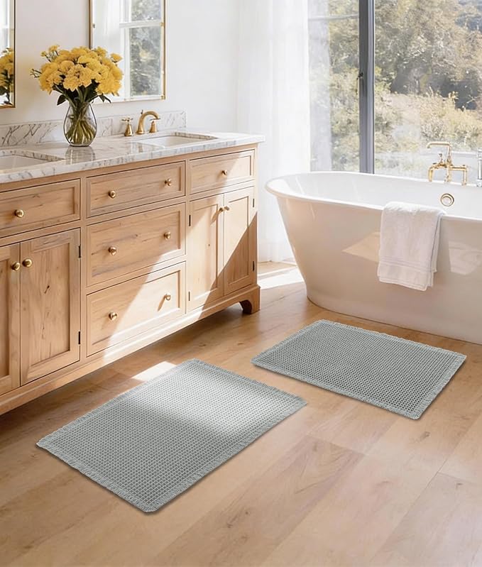 DWCN Waffle Bathroom Mat Set, Super Absorbent Non Slip Bath Rug Set for Bathroom Floor, Shower Mats 2 Pcs for Tub, Washable Kitchen Rugs for Farmhouse Boho Home Decor, 24 x 16 Inch, Grey