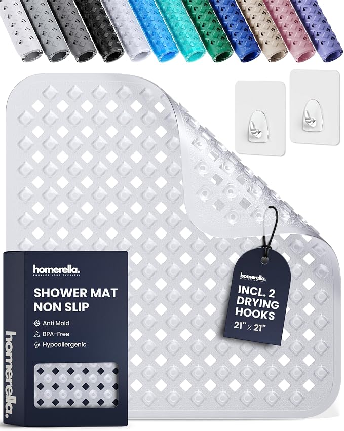 homerella® Shower Mat Non Slip Anti Mold, Non Slip Shower Mats for Inside Shower Stall Anti Slip Mat, Square Shower Floor Mat 21 x 21 in with Suction Cups & Hooks for Quick Drying, Machine Washable