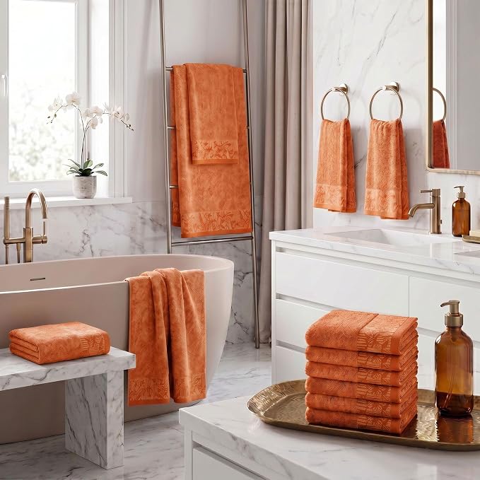 Superior Floral Jaquard Cotton Bathroom Towels, 12pc Set, Mandarin Orange | Soft Absorbent Quick Dry Terry Weave, Hotel Quality, Wisteria Towels Includes 3 Bath Towels, 3 Hand Towels, 6 Washcloths