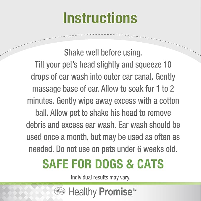 Four Paws Healthy Promise Grooming Soothing Pet Ear Wash Cleaner for Dogs and Cats, Odor Reducing & Itch Relief, 4 oz.