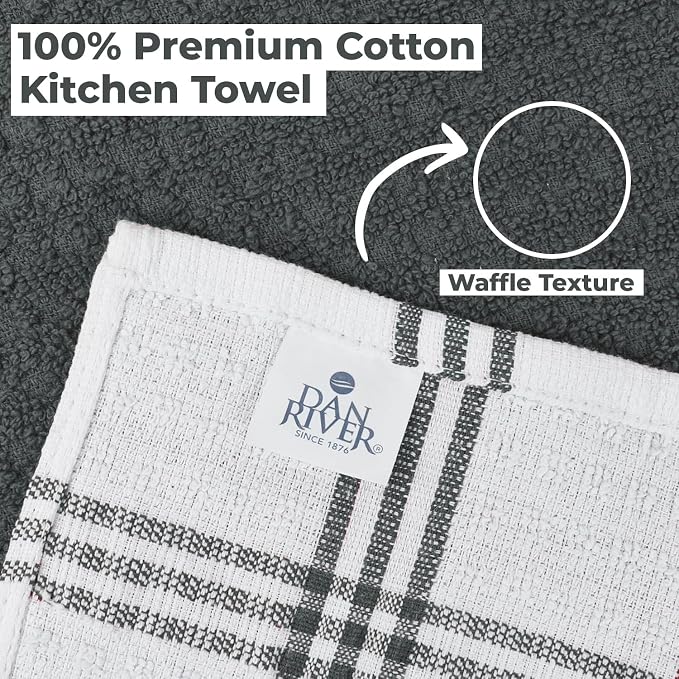 DAN RIVER Premium Grey Kitchen Towels - [Pack of 12] 100% Cotton (16x 26 Inches) -Super Soft, Highly Absorbent Hand Towels, Quick Dry, Dish Towels, Tea and Bar Towels Set
