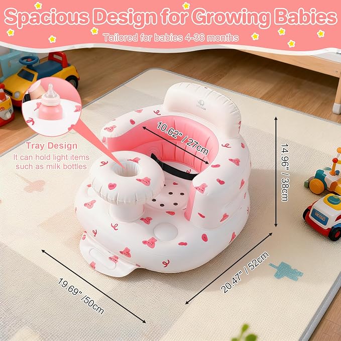 BEBOAN Inflatable Baby Seat with Tray for 3 Months Up Baby, Portable Upseat Baby Chair with Safety Strap for Sitting Up, Foldable Blow Up Infant Seat with Built-in Air Pump (Pink Bunny)