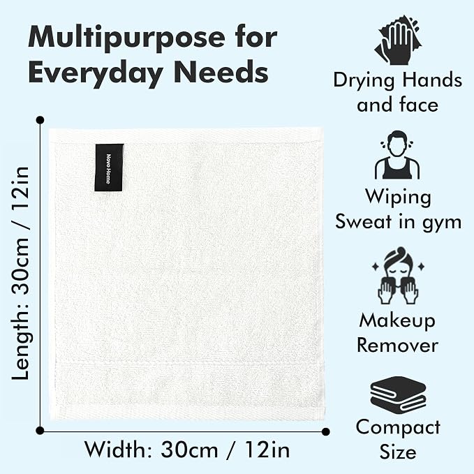 Face Towels Pack of 12 – 100% Cotton Wash Cloths (12x12 inch) – 550 GSM Soft, Quick Dry & Highly Absorbent Ring Spun Cotton Towels for Bathroom, Spa, Gym, Kitchen and for Daily Use - (White)