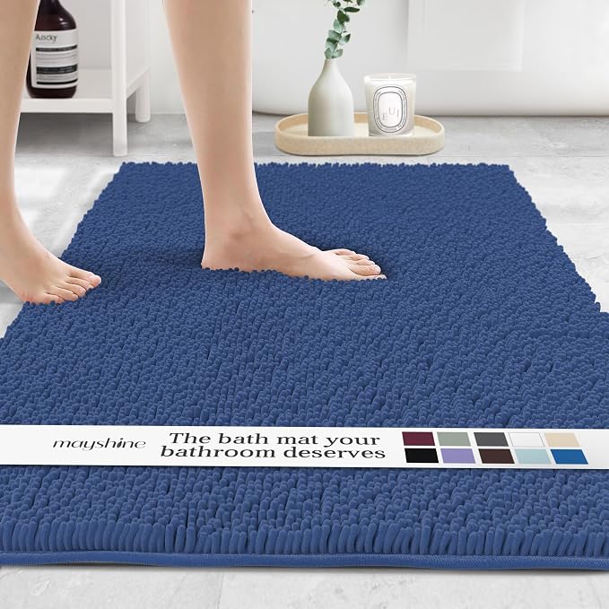 MAYSHINE Plush Shaggy Chenille Bath Mat | Extra Soft, Super Absorbent, Non-Slip Bathroom Rug | Fluffy Microfiber, Area Rug Sets for Bathroom Floor, Kitchen, Living Room | 47"x27" | Dark Blue