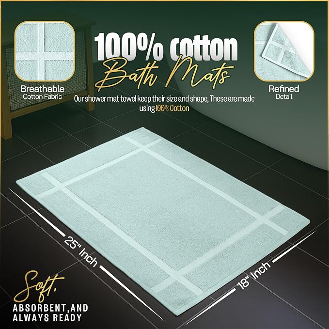 Pearl Linens Pack of 2 100% Cotton Bath Mat 18x25 inches, Soft & Absorbent Quick Dry Bathroom Mat Set, Not Bathroom Rugs, After Shower Mat, Bath Tub Mat, 781 GSM, Machine Washable, Mint Green