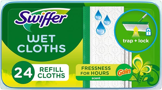 Swiffer Sweep + Mop, Wet Pads Refill, Floor Cleaner for Dirt, Dust, Hair, Cleaning Cloths for Mopping Home, Bathroom, Kitchen, All Purpose Multi-Surface Floor Wipes, Gain, 24ct
