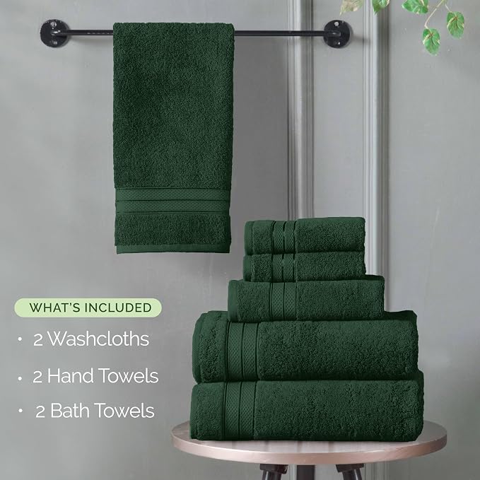Elegant Comfort Luxury 6-Piece Towel Set, Premium Soft 100% Turkish Cotton, Three Line Popcorn Design 2 Bath Towels, 2 Hand Towels and 2 Washcloths Towel Set - Quick-Drying and Absorbent, Forest Green