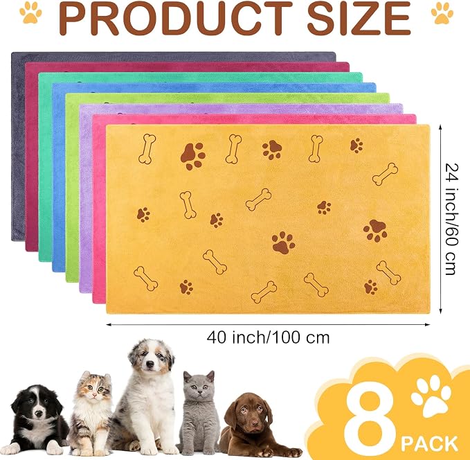 Chumia 8 Pcs Microfiber Dog Towels for Drying Dogs Cats 40 x 24 Inch Pet Towels Bulk for Large Puppy Absorbent Fast Drying Paw Bath Bathing Supplies for Pets(Dog Paw and Bone, Colorful)