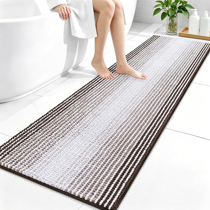 OLANLY Bathroom Runner Rugs 59x20, Extra Soft Absorbent Chenille Striped Bath Rugs, Rubber Backing, Machine Wash Dry, Long Bath Mats for Bathroom, Tub, Shower, Home Decor Accessories, Brown