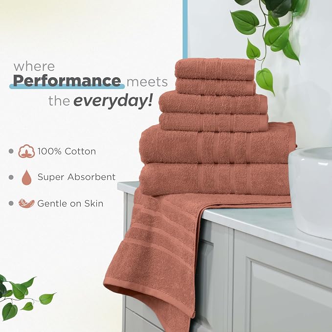 Martex Ultimate Performance 6-Piece Towel Set, Terracotta | 100% Cotton, Supersoft & Absorbent, Low-Linting, Easy Care, Versatile, 2 Bath Towels, 2 Hand Towels, 2 Wash Cloths