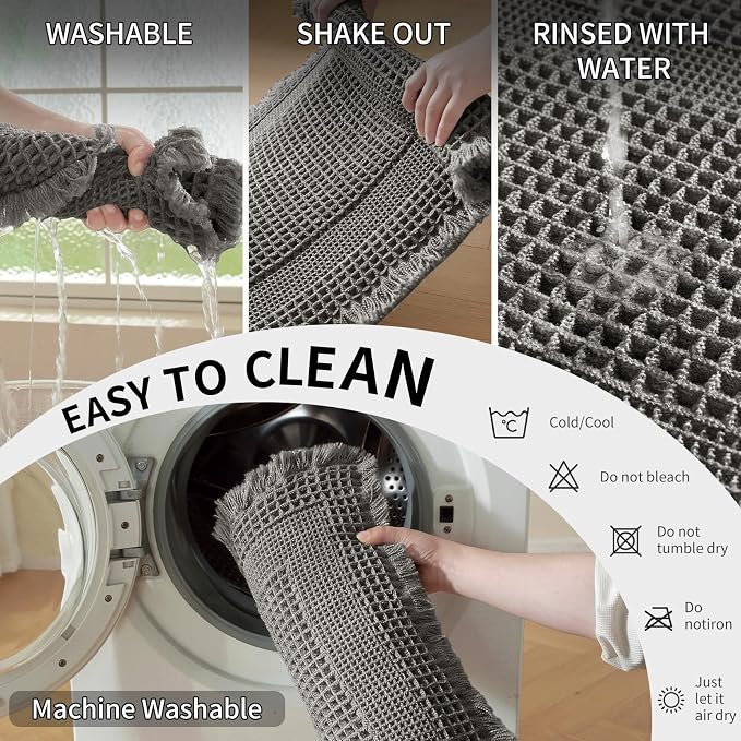 Waffle Bath Mat - Super Water Absorbing Bath Mat Quick Dry, Bathroom Rugs Non Slip Washable with Tassels, Rubber Backed Bathroom Mat for Bathroom Floor, Tub and Shower, 24" x 72", Dark Grey