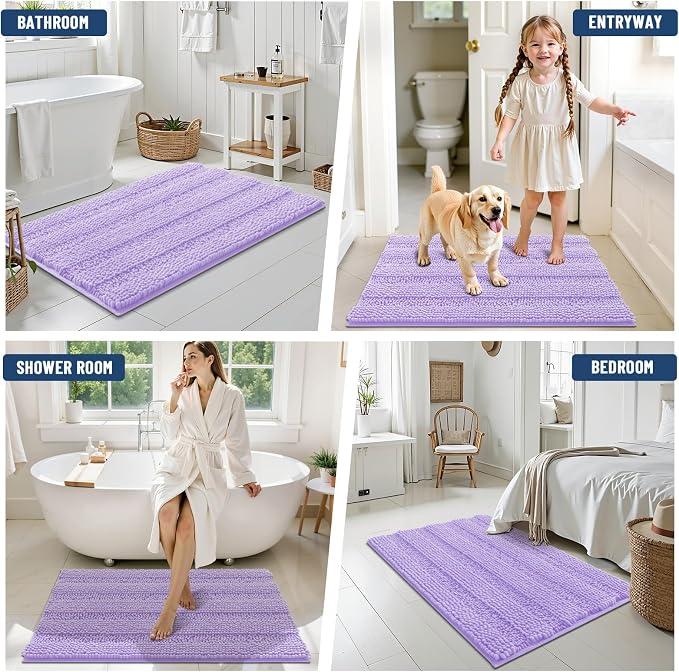 Grandaily Chenille Striped Bathroom Rugs 47x17, Extra Thick and Soft Absorbent Bath Mats, Rubber Backing, Plush Shaggy Shower Carpet, Machine Wash Dry, Bath Rug for Bathroom, Light Purple