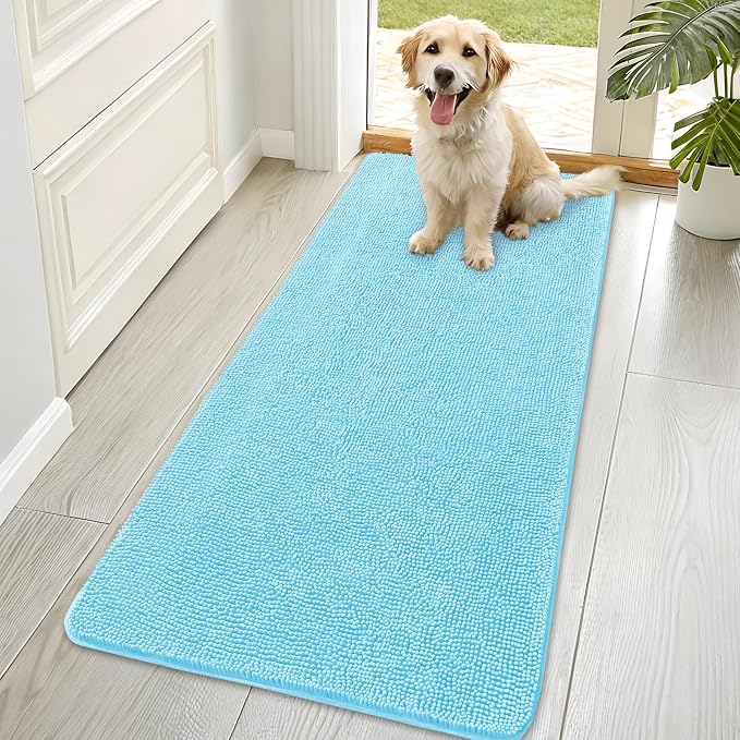 OLANLY Dog Door Mat for Muddy Paws 70x35, Absorbs Moisture and Dirt, Absorbent Non-Slip Washable Doormat, Quick Dry Chenille Mud Mat for Dogs, Entry Indoor Entryway Carpet for Inside Floor, Blue