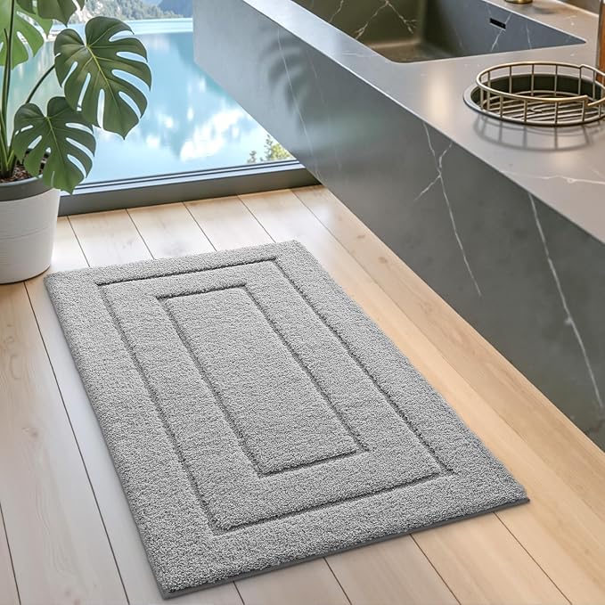 DEXI Small Bathroom Rug 24x16, Non Slip Washable Bath Mat for Shower Floor, Absorbent Soft Bathmat with Rubber Backing, Quick Dry Microfiber Carpet,Light Grey
