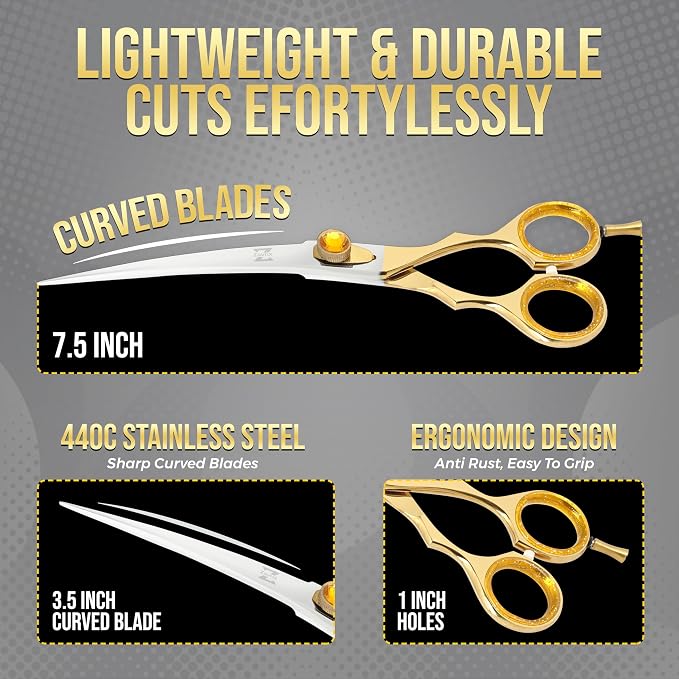 ZAVRIX Professional Dog Grooming Scissors – 7.5” Curved Thinning Shears with 34 Teeth, Pet Chunkers for Dogs & Cats, Premium 440C Stainless Steel Grooming Tools (Golden Polish Curved Scissor)