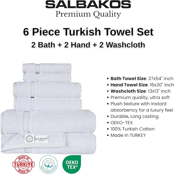 SALBAKOS 100% Turkish Cotton Bathroom Towel Set of 6 White | Premium Quality Turkish Towel Set for Gift | Hotel Collection Bath+Hand+Washcloth Towel Sets | Made in Turkey (White, 6 Piece Towel Set)