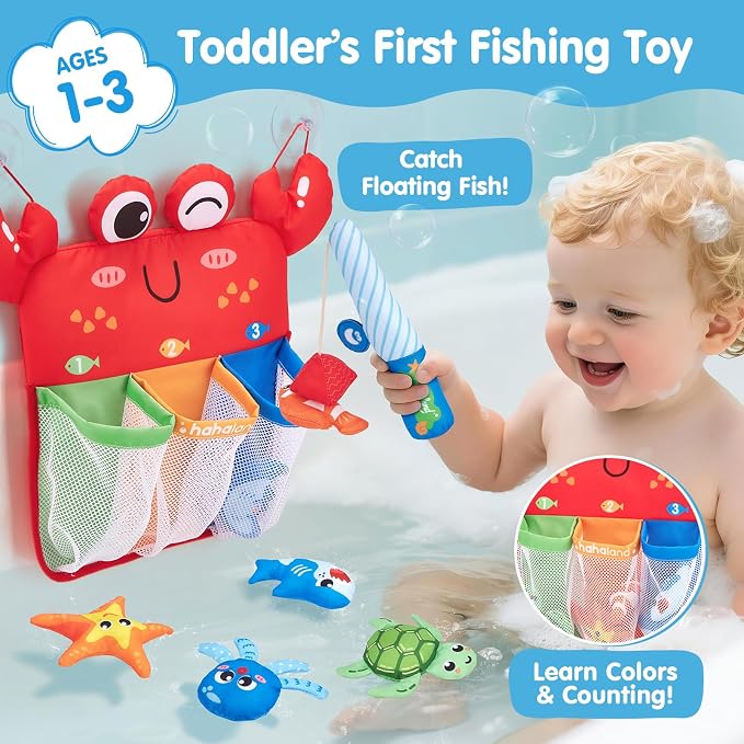 hahaland Bath Toys for Kids Ages 1-3 - Soft Magnetic Fishing Toys with Color Sorting Mesh, Mold Free Bathtub Shower Water Toy Toddler Educational Learning Shower Pool Toy for 1 Year Old Boy Girl Gifts