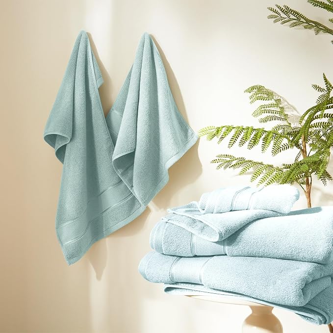Marvione Bath Towels Set 6 Piece, 100% Turkish Cotton Highly Absorbent and Soft Towels for Bathroom 2 Bath Towels 2 Hand Towels 2 Washcloths, Light Aqua Blue