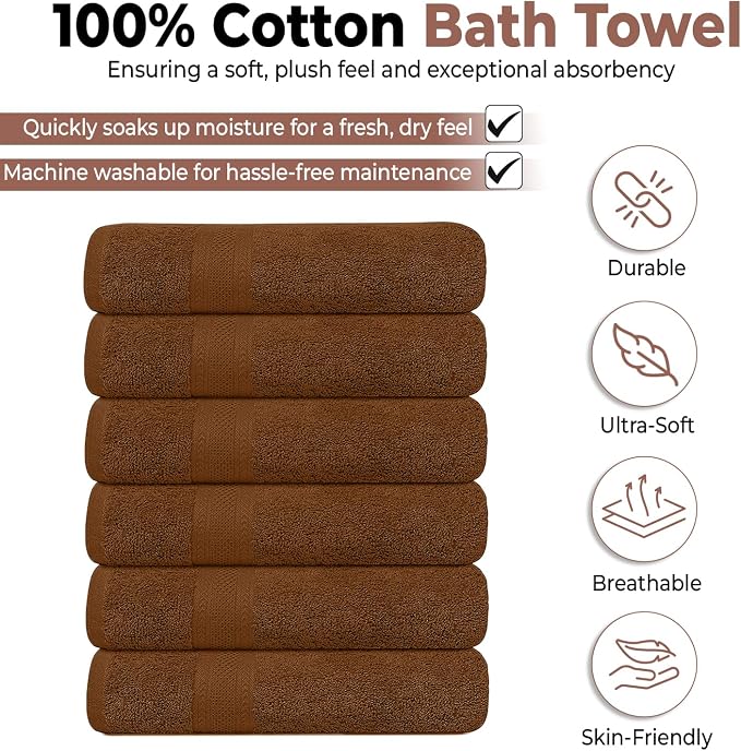 KAHAF COLLECTION 6 Pack Bath Towels Set (27 x 54 Inches) 100% Ring Spun Cotton, Lightweight, Quick Dry, Highly Absorbent Towels (Brown, (27x54) Inches)