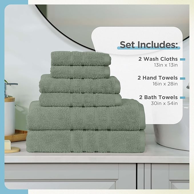 Martex Ultimate Performance 6-Piece Towel Set, Sage | 100% Cotton, Supersoft & Absorbent, Low-Linting, Easy Care, Versatile, 2 Bath Towels, 2 Hand Towels, 2 Wash Cloths