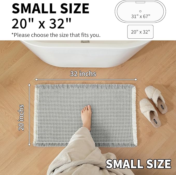 Waffle Bath Mat - Super Water Absorbing Bath Mat Quick Dry, Bathroom Rugs Non Slip Washable, Rubber Backed Bathroom Mat for Bathroom Floor, Tub and Shower, 20" x 32", Light Grey & White