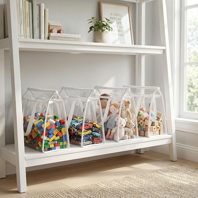 HOLAY 4 Pack Clear Toy Storage Bags with Handle – Playroom Organizer Bins for Kids Toys, Board Games, Busy Bags, and Homeschool Supplies, Transparent PVC Front & Reinforced Base(White, X-Large)