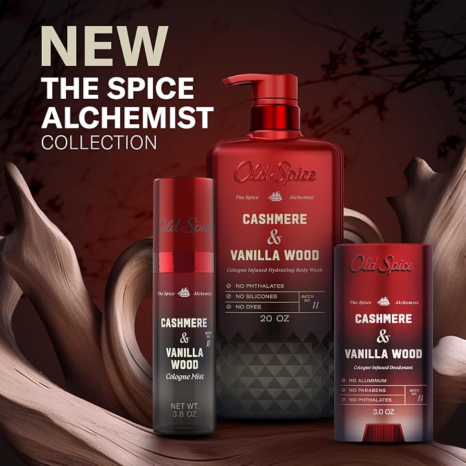 Old Spice Body Wash for Men, The Spice Alchemist Collection, 24/7 Cologne Infused Hydration, No Trade Off Formula, Free of Phthalates Silicones & Dyes, Cashmere + Vanilla Wood Scent, 20 oz