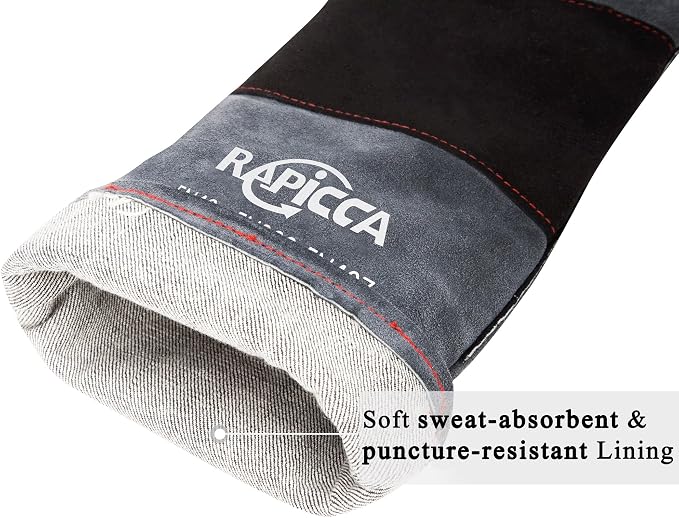 RAPICCA Animal Handling Gloves, Bite Proof Double Leather, 16 in Grey-Black | For Dog, Cat, Bird, Falconry, Snake & Reptile Handling; Vets, Groomers & Animal Control Teams