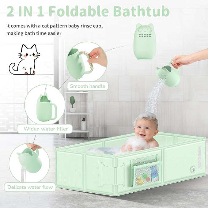 YomauiYee Baby Bathtub, Converts Shower to Tub, Foldable Toddler Tub with Rinse Cup, No Assembly Easy to Clean, Portable Collapsible Bath Tub for 6M-5Y, Travel Camping Hotel