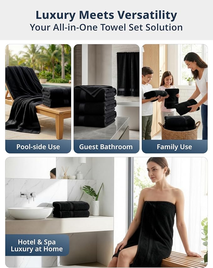LANE LINEN 100% Cotton Bath Towels 4 Pack (28"x54") - Zero Twist, Mercerized Cotton Large Towel Set for Bathroom - Quick Dry, Soft & Absorbent Large Bath Towel Set - Oeko Tex Certified - Black Towels