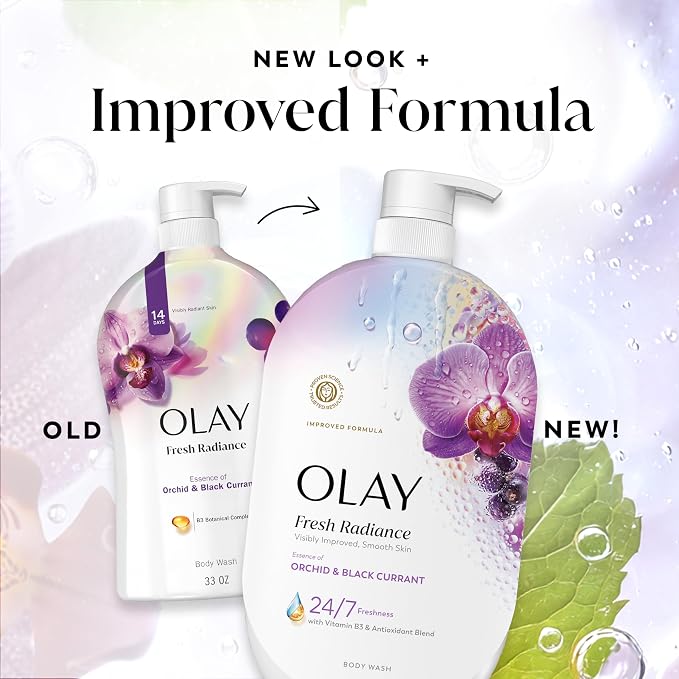 Olay Body Wash for Women, Fresh Radiance, 24/7 Skin-Loving Freshness, Visibly Radiant, Plant Based Cleansers, Vitamin B3 & Antioxidant Blend, For All Skin Types, Orchid & Black Currant Scent, 35 fl oz