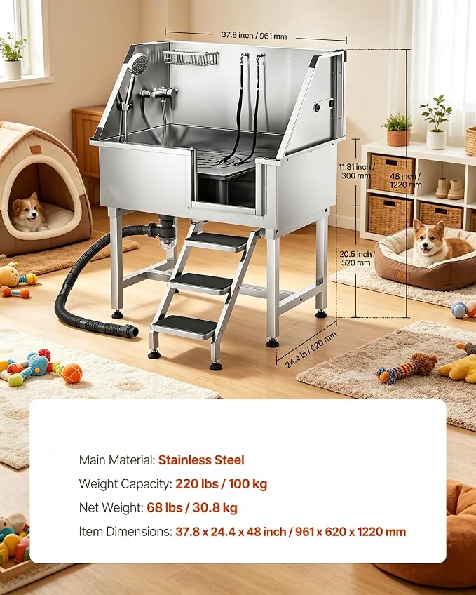 38”Professional Dog Washing Station 304 Stainless Steel Pet Wash Sink & Grooming Bath Tub,with Hot & Cold Faucet,Non-Slip Steps,Shower Head,Fits Medium,Small Dogs and Cats(Right Door)