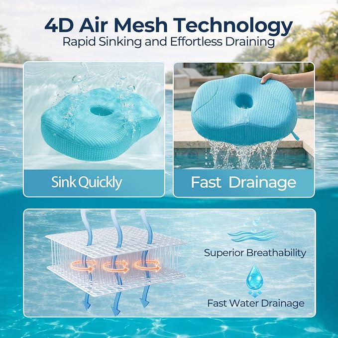 Idle Hippo Hot Tub Booster Seat, 4D Air Mesh Hot Tub Pillow with Powerful 6 Non-Slip Suction Cups, Ergonomic Booster Cushion, Quick Dry Spa Pillow for Indoor Outdoor Hot Tub-Lake Blue