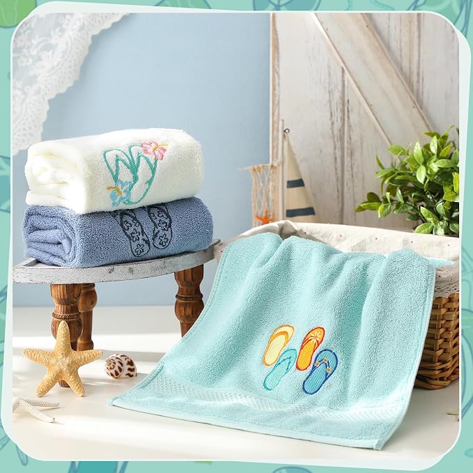 Hahafelt 3 Pack Coastal Hand Towels for Bathroom 100% Cotton Embroidered Beach Bathroom Towels 13.78 x 29.53 Inch Soft Absorbent (Flip Flops)