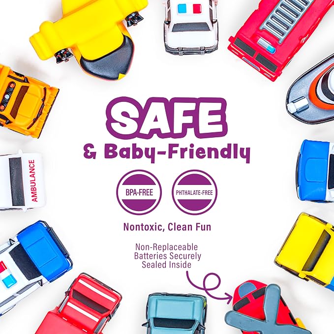 Tub Works® Emergency™ Cars Light Up Bath Toys, 12 Pack | Water-Activated Light Up Toys Flash & Change Color | Easy-Grip Baby & Toddler Bath Toys | Sensory Toys with Bath Lights for Kids Bath