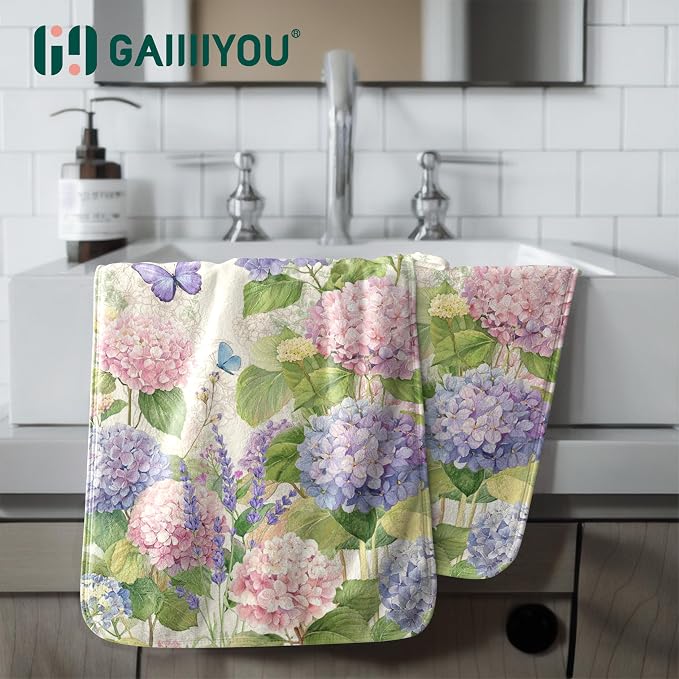 Vintage Hydrangea Flower Hand Towel High Absorbent Pattern Fleece Bathroom Towels Set of 2