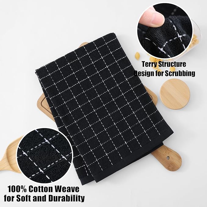 Homaxy 100% Cotton Terry Kitchen Towels(Black, 20 x 28 inches), Checkered Designed, Soft and Super Absorbent Dish Towels, Large 6 Pack
