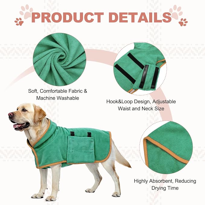 Dog Drying Coat, Dog Robes for After Bath Bathrobe Super Absorbent Towel Soft Adjustable, (S, Dark Green), Intended for Fast Drying Warm Keeping Pet Cats Kitten Puppies