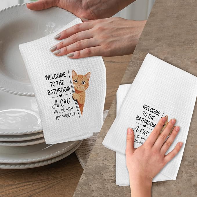 Funny Orange Tabby Cat Hand Towels for Bathroom, A Cat Will Be with You Shortly Hand Towels, Funny Orange Cats Dish Tea Towel for Kitchen Bathroom Decor, Cats Gifts for Kids Girls, 16x24