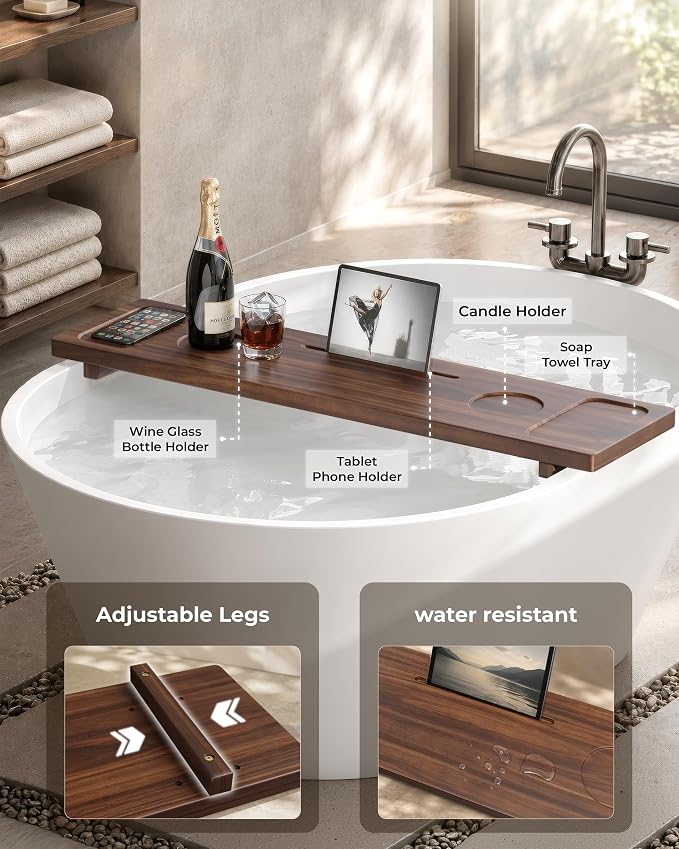 Acacia Wood Bathtub Caddy Tray for Tub, 34.6" Adjustable Bath Tray with Tablet Slot, Wine Glass Holder, Anti-Tip Legs, Spa Bath Table for Relaxing Bath Time