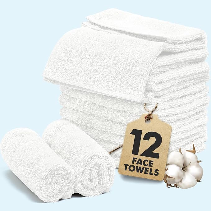Face Towels Pack of 12 – 100% Cotton Wash Cloths (12x12 inch) – 550 GSM Soft, Quick Dry & Highly Absorbent Ring Spun Cotton Towels for Bathroom, Spa, Gym, Kitchen and for Daily Use - (White)