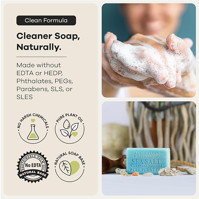 Australian Botanical Soap, 6.6 OZ, Sea Salt and Ocean Minerals, Triple Milled Bars made with a Natural Soap Base and Enriched with Organic Shea Butter, Pack of 8