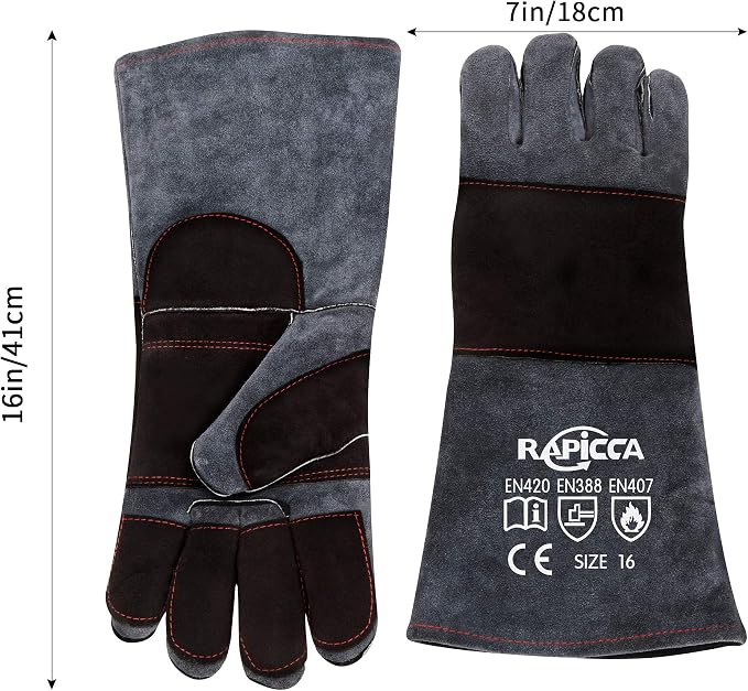 RAPICCA Animal Handling Gloves, Bite Proof Double Leather, 16 in Grey-Black | For Dog, Cat, Bird, Falconry, Snake & Reptile Handling; Vets, Groomers & Animal Control Teams
