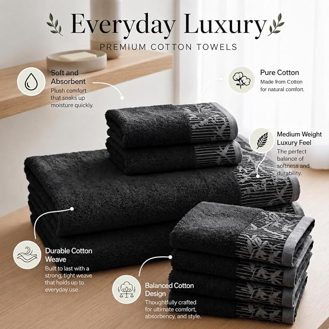 Superior Floral Jaquard Cotton Bathroom Towels, 12pc Towel Set, Black | Soft Absorbent Quick Dry Terry Weave, Hotel Quality, Wisteria Towels Includes 3 Bath Towels, 3 Hand Towels, 6 Washcloths