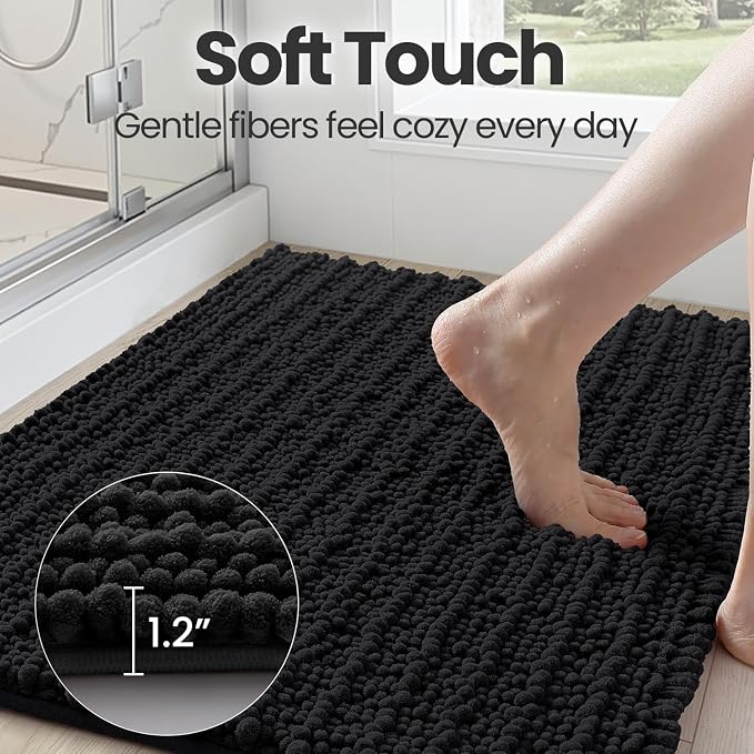 DEXI Bathroom Rugs 36x24, Super Soft Thick Chenille Absorbent Bath Mat, Non Slip Machine Washable Fluffy Shag Bathmat for Tub, Shower Floor, Black