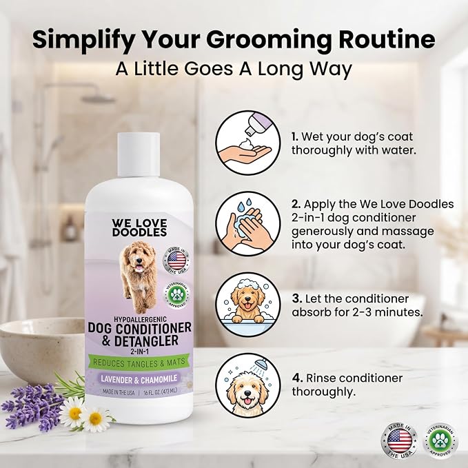 We Love Doodles Dog Conditioner & Detangler, 2-in-1 Conditioner for Allergies & Itching, Lavender and Chamomile, Made in USA, Dog Lotion Treatment, Perfect for Poodles, Doodles & Goldendoodles,16oz