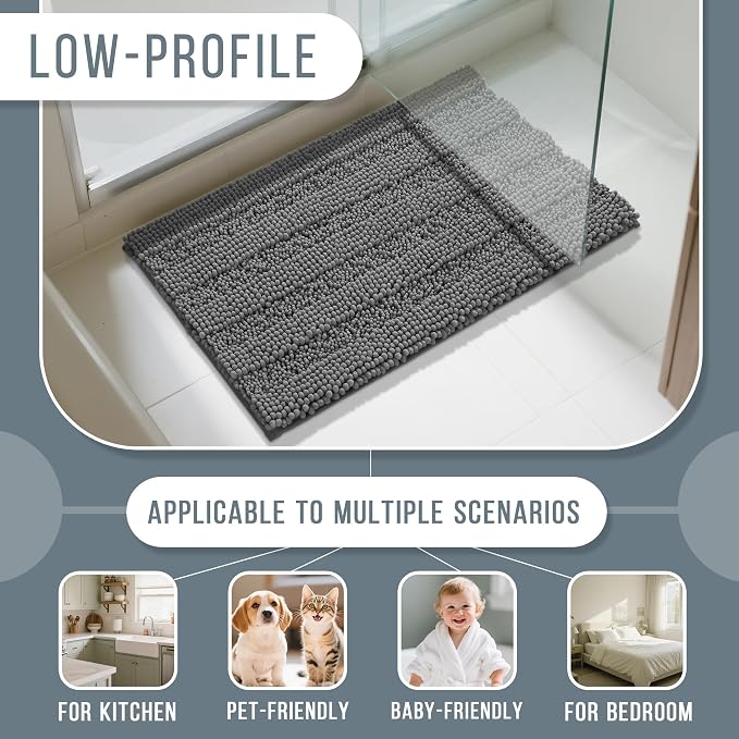 Yimobra Bathroom Rug Mat 32 x 20, Non Slip and Super Absorbent Bath Mat,Machine Washable Quick Dry,Ultra Plush Chenille Shower Rugs for Bathroom Floor Sink Tub and Shower Outside,Dark Gray